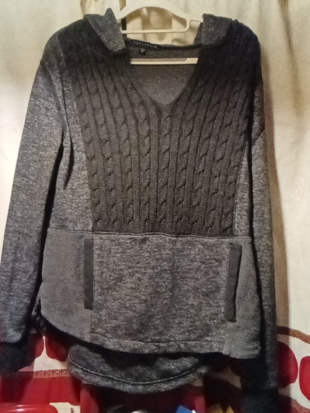 Women's SANCTUARY Charcoal Grey Cable-Knit V-Neck Hoodie Sweater